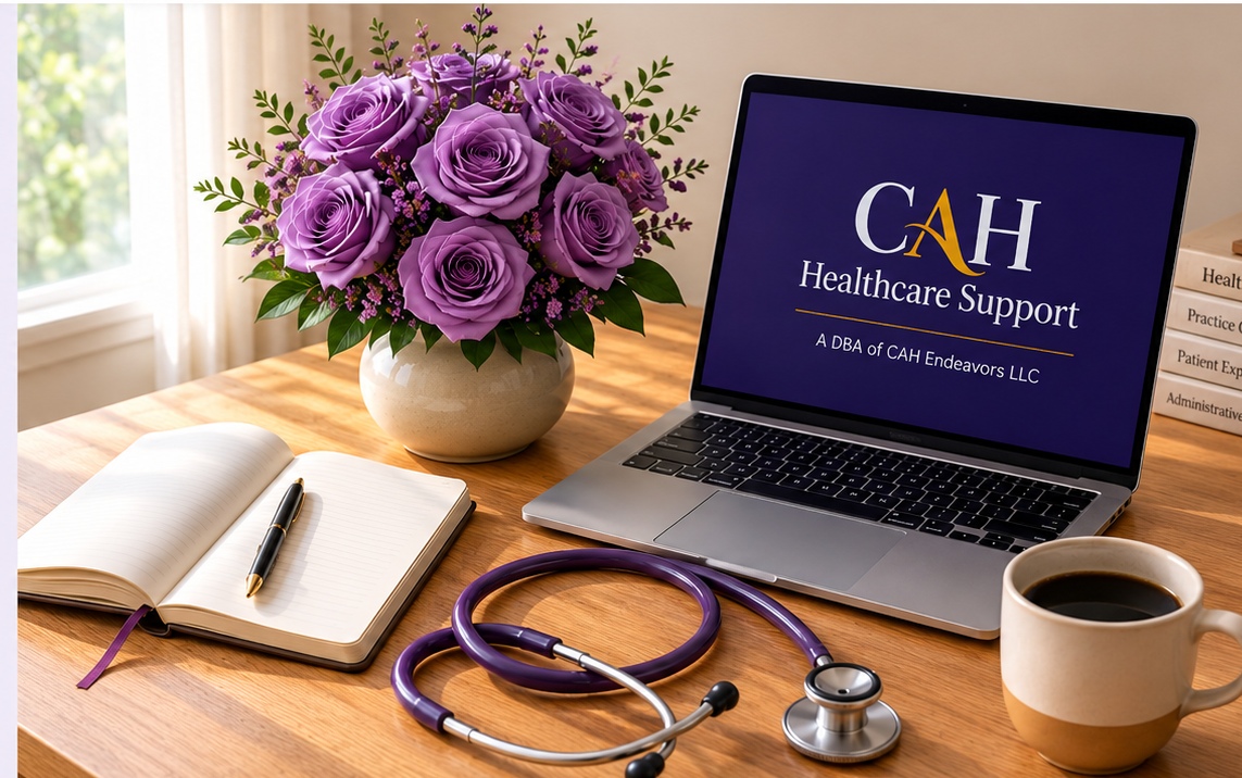 CAH Healthcare Support workspace with laptop, purple roses, stethoscope, notebook, and coffee